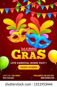 Mardi Gras carnival template or flyer design with illustration of party masks on red background.