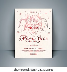 Mardi Gras carnival template or flyer design with illustration doodle style carnival mask on white background.