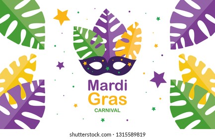 Mardi Gras carnival. Traditional holiday in many countries. Celebrated with folk festival, masquerade, party, and carnival. Shrove Tuesday. Vector poster, card, banner and background 