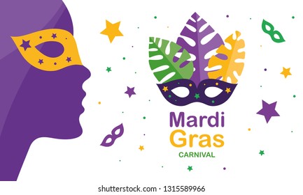 Mardi Gras carnival. Traditional holiday in many countries. Celebrated with folk festival, masquerade, party, and carnival. Shrove Tuesday. Vector poster, card, banner and background 