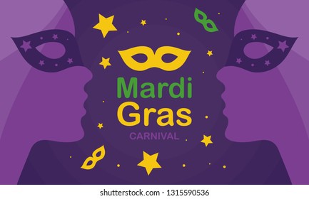Mardi Gras carnival. Traditional holiday in many countries. Celebrated with folk festival, masquerade, party, and carnival. Shrove Tuesday. Vector poster, card, banner and background 