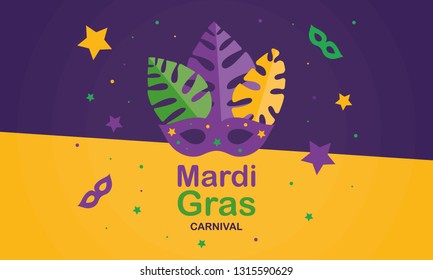 Mardi Gras carnival. Traditional holiday in many countries. Celebrated with folk festival, masquerade, party, and carnival. Shrove Tuesday. Vector poster, card, banner and background 