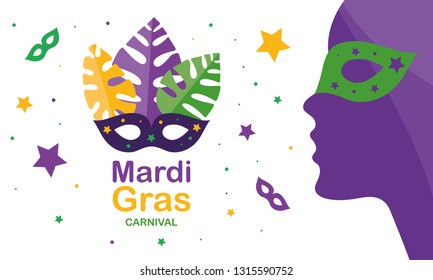 Mardi Gras carnival. Traditional holiday in many countries. Celebrated with folk festival, masquerade, party, and carnival. Shrove Tuesday. Vector poster, card, banner and background 