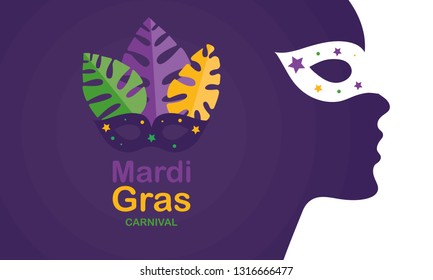 Mardi Gras carnival. Traditional holiday in many countries. Celebrated with folk festival, masquerade, party, and carnival. Shrove Tuesday. Vector poster, card, banner and background