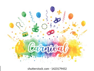 Mardi Gras carnival traditional symbols collection, carnival masks, party decorations. Watercolor splash silhouettes elements for cards, banner. Vector illustration isolated on white background