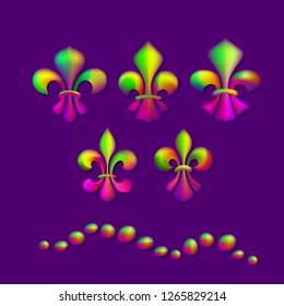 Mardi gras carnival. Trendy volume shining multicolored fleur-de-lis and beads isolated on violet background. Vector illustration for shrove tuesday.