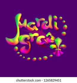 Mardi gras carnival. Trendy volume shining multicolored letters isolated on violet background. Plastic words Mardi gras, beads and fleur-de-lis. Vector illustration for shrove tuesday.