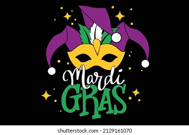 Mardi Gras carnival with typography design. Fat tuesday, festival. Vector illustration isolated on black background. Party decorations for greeting card, banner, gift packaging, poster 