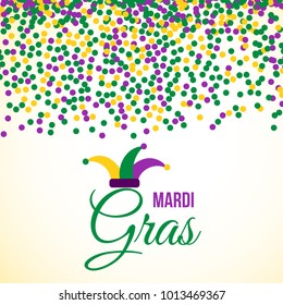 Mardi Gras carnival vector background with green, purple and yellow confetti. Easy to edit template for your design projects.