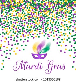 Mardi Gras carnival vector background with green, purple and yellow confetti. Easy to edit template for your design projects.