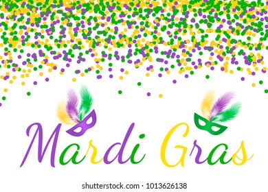 Mardi Gras carnival vector background with green, purple and yellow confetti. Easy to edit template for your design projects.