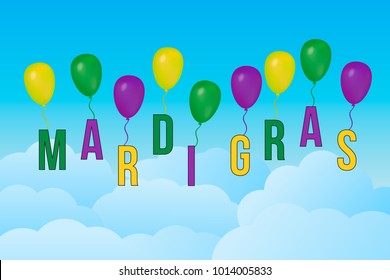 Mardi Gras carnival vector background with green, purple and yellow balloons in the sky. Easy to edit template for your design projects.