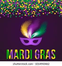 Mardi Gras carnival vector illustration with green, purple and yellow confetti and mask on dark background. Easy to edit template for your design projects.