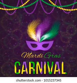 Mardi Gras carnival vector illustration with mask on dark bright background. Easy to edit design template for your design projects.