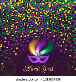 Mardi Gras carnival vector illustration with mask on dark bright background. Easy to edit template for your design projects.