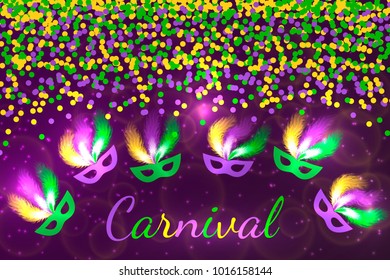 Mardi Gras carnival vector illustration with mask on dark bright background. Easy to edit template for your design projects.