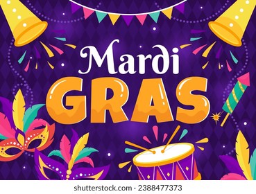 Mardi Gras Carnival Vector Illustration. Translation is French for Fat Tuesday. Festival with Masks, Maracas, Guitar and Feathers on Purple Background