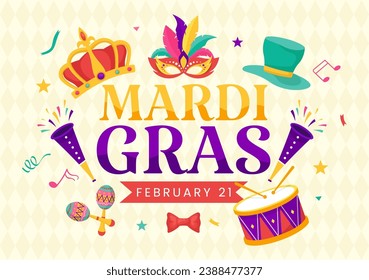 Mardi Gras Carnival Vector Illustration. Translation is French for Fat Tuesday. Festival with Masks, Maracas, Guitar and Feathers on Purple Background