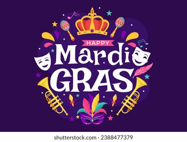 Mardi Gras Carnival Vector Illustration. Translation is French for Fat Tuesday. Festival with Masks, Maracas, Guitar and Feathers on Purple Background