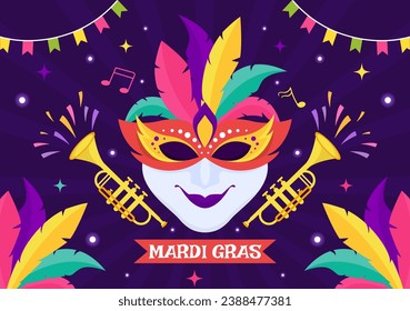 Mardi Gras Carnival Vector Illustration. Translation is French for Fat Tuesday. Festival with Masks, Maracas, Guitar and Feathers on Purple Background