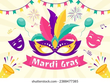 Mardi Gras Carnival Vector Illustration. Translation is French for Fat Tuesday. Festival with Masks, Maracas, Guitar and Feathers on Purple Background