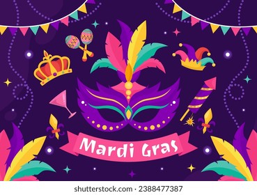 Mardi Gras Carnival Vector Illustration. Translation is French for Fat Tuesday. Festival with Masks, Maracas, Guitar and Feathers on Purple Background