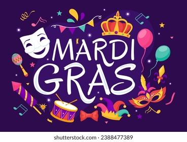 Mardi Gras Carnival Vector Illustration. Translation is French for Fat Tuesday. Festival with Masks, Maracas, Guitar and Feathers on Purple Background