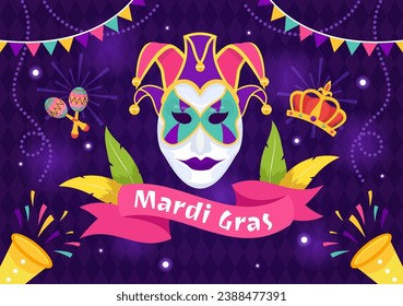 Ilustración del Vector del Carnaval de Mardi Gras. La traducción es al francés para el martes gordo. Festival con máscaras, Maracas, guitarra y plumas de fondo morado