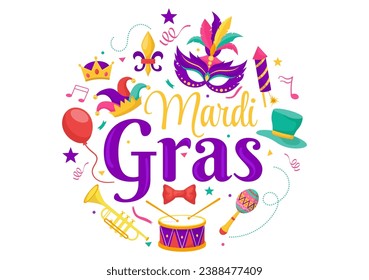 Mardi Gras Carnival Vector Illustration. Translation is French for Fat Tuesday. Festival with Masks, Maracas, Guitar and Feathers on Purple Background