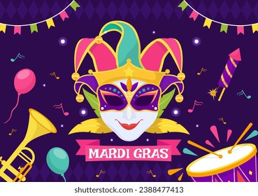 Mardi Gras Carnival Vector Illustration. Translation is French for Fat Tuesday. Festival with Masks, Maracas, Guitar and Feathers on Purple Background