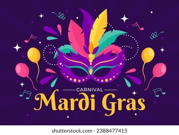 Mardi Gras Carnival Vector Illustration. Translation is French for Fat Tuesday. Festival with Masks, Maracas, Guitar and Feathers on Purple Background