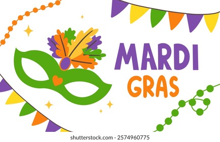 Mardi Gras Carnival Vector Illustration. Translation is French for Fat Tuesday. Festival with Masks on white Background.