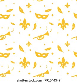 Mardi Gras carnival, vector illustration, flat concept, seamless pattern, silhouettes, shirt, mask, note, music, holiday, white, yellow, gold