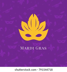 Mardi Gras carnival, vector illustration, flat concept, banner with text, yellow, violet, gold, silhouette mask