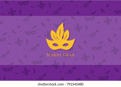 Mardi Gras carnival, vector illustration, flat concept, banner with text, yellow, violet, gold, silhouette mask