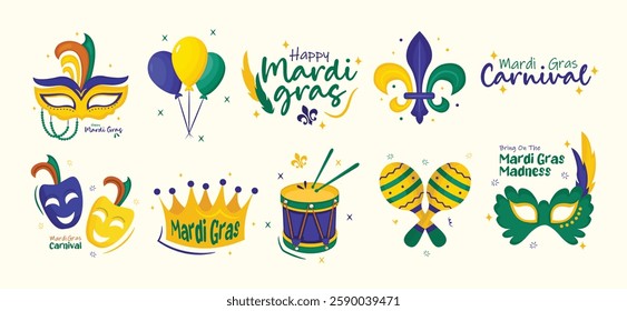 Mardi Gras Carnival Vector Set with Purple, Yellow, and Green Color