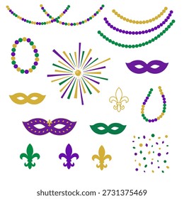 Mardi Gras Carnival Vector Set with Masks, Beads, Confetti and Fireworks in Purple Green Gold Colors