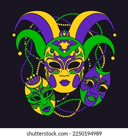 Mardi Gras carnival venetian masks and beads isolated on dark background.