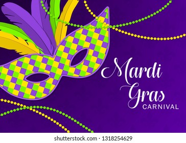 Mardi gras or carnivale mask with feathers. Beautiful Mardi gras design template for poster, greeting card, party invitation, banner or flyer. Mardi gras background. Vector Illustration.