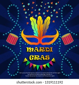 Mardi gras or carnivale mask with feathers. Beautiful concept design for poster, greeting card, party invitation, banner or flyer. Vector Illustration.