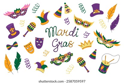 Mardi Gras cartoon vector set isolated on white background. Throve Tuesday colorful collection