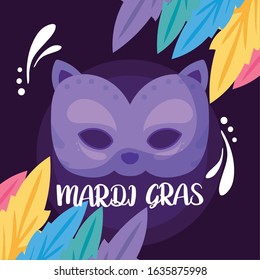 Mardi gras cat mask with feathers design, Party carnival decoration celebration festival holiday fun new orleans and traditional theme Vector illustration
