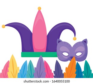 Mardi Gras cat mask and hat design. Party carnival decoration celebration festival holiday fun New Orleans and traditional theme. Vector illustration.