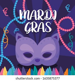 Mardi gras cat mask with necklaces and feathers design, Party carnival decoration celebration festival holiday fun new orleans and traditional theme Vector illustration