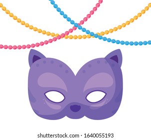 Mardi Gras cat mask and necklaces design. Party carnival decoration celebration festival holiday fun New Orleans and traditional theme .Vector illustration.