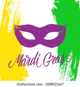 Mardi Gras celebrate card with calligraphic lettering text design, brush stroke background and carnival mask. Fat Tuesday vector illustration.