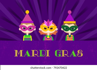 Mardi Gras celebration. Comic happy chieldren. Hand drawn cartoon fancy letters. Masquerade parade symbols. Kids mask costumes for traditional holiday carnival. Vector decoration banner background