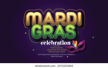 Mardi Gras Celebration Concept with Colorful Party Mask, Jester  this bright and colorful design showcasing a festive mask and beads.