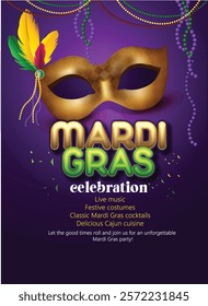 Mardi Gras Celebration Concept with Colorful Party Mask, Jester  this bright and colorful design showcasing a festive mask and beads.