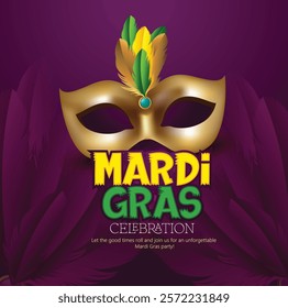 Mardi Gras Celebration Concept with Colorful Party Mask, Jester  this bright and colorful design showcasing a festive mask and beads.